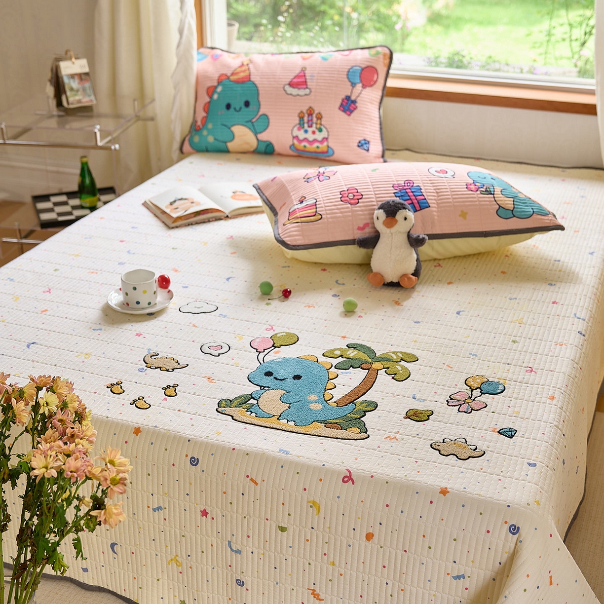 91家纺网 家纺一手货源 找家纺 鑫喜莱家纺 2025新款毛巾绣云朵棉床盖三件套 椰岛恐龙