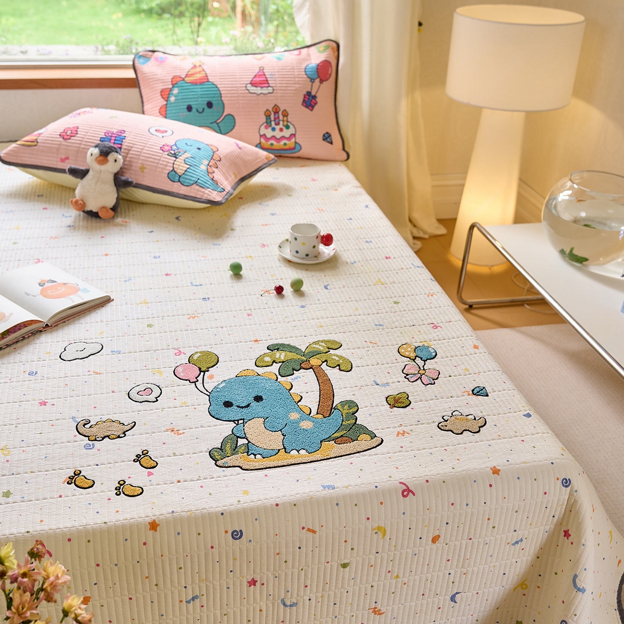 91家纺网 家纺一手货源 找家纺 鑫喜莱家纺 2025新款毛巾绣云朵棉床盖三件套 椰岛恐龙