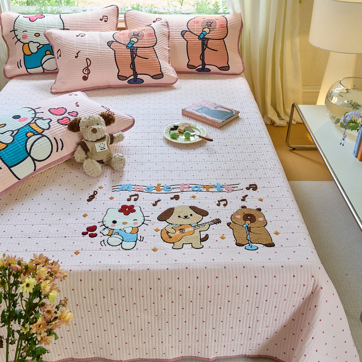 91家纺网 家纺一手货源 找家纺 鑫喜莱家纺 2025新款毛巾绣云朵棉床盖三件套 音乐派对