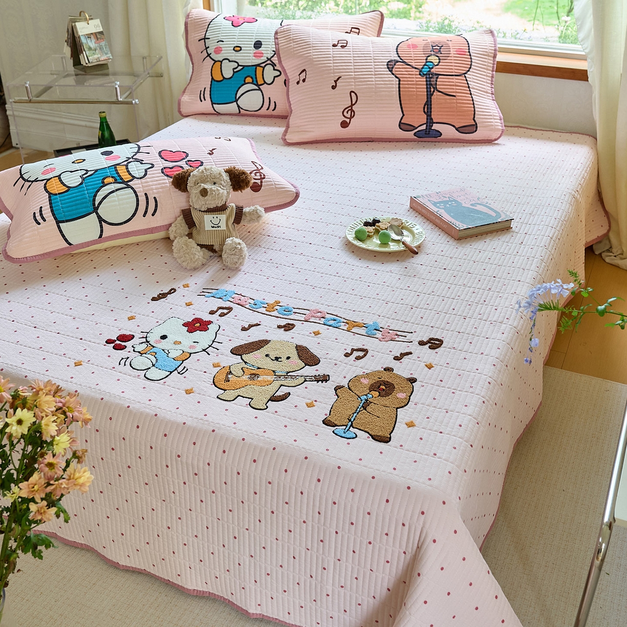 91家纺网 家纺一手货源 找家纺 鑫喜莱家纺 2025新款毛巾绣云朵棉床盖三件套 音乐派对