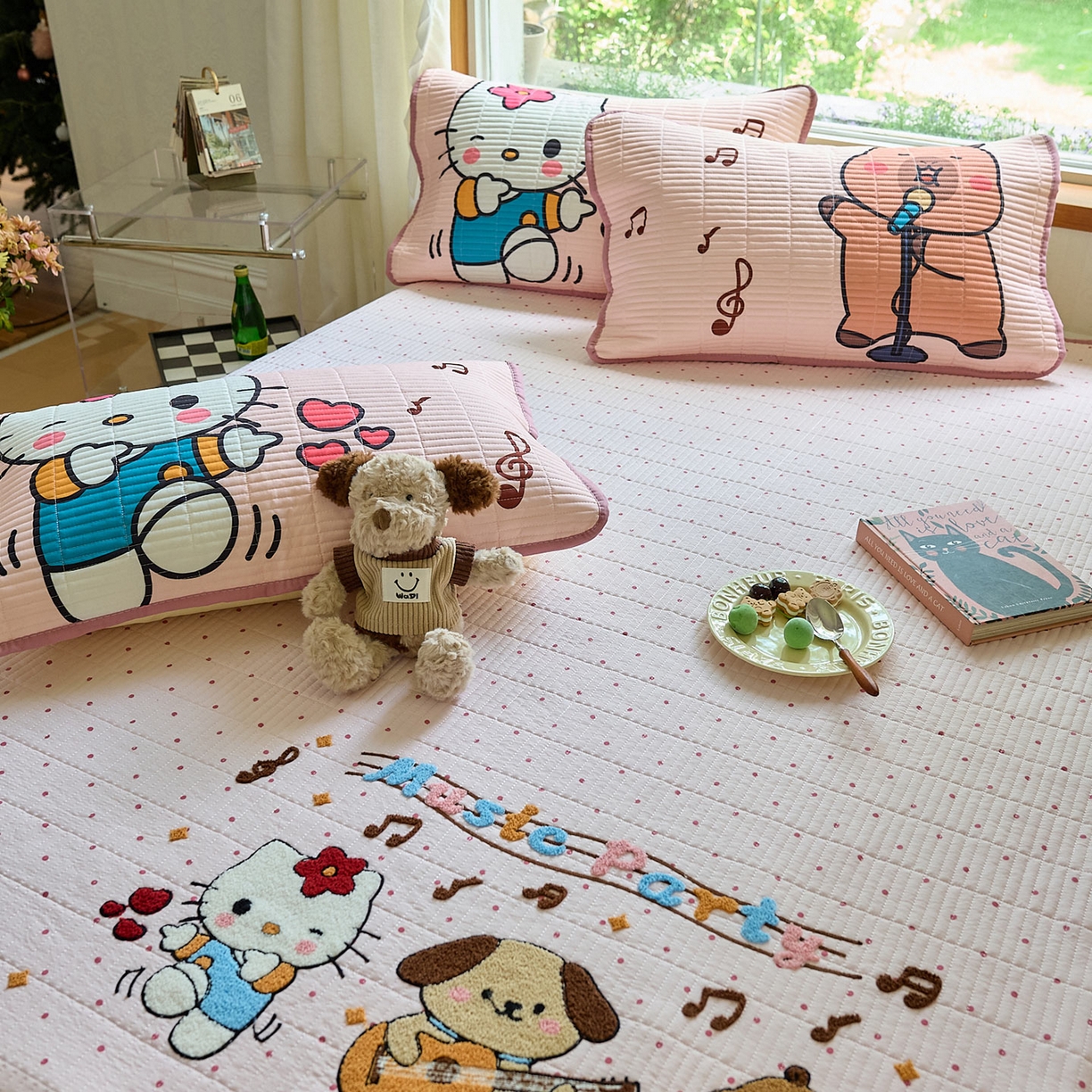 91家纺网 家纺一手货源 找家纺 鑫喜莱家纺 2025新款毛巾绣云朵棉床盖三件套 音乐派对