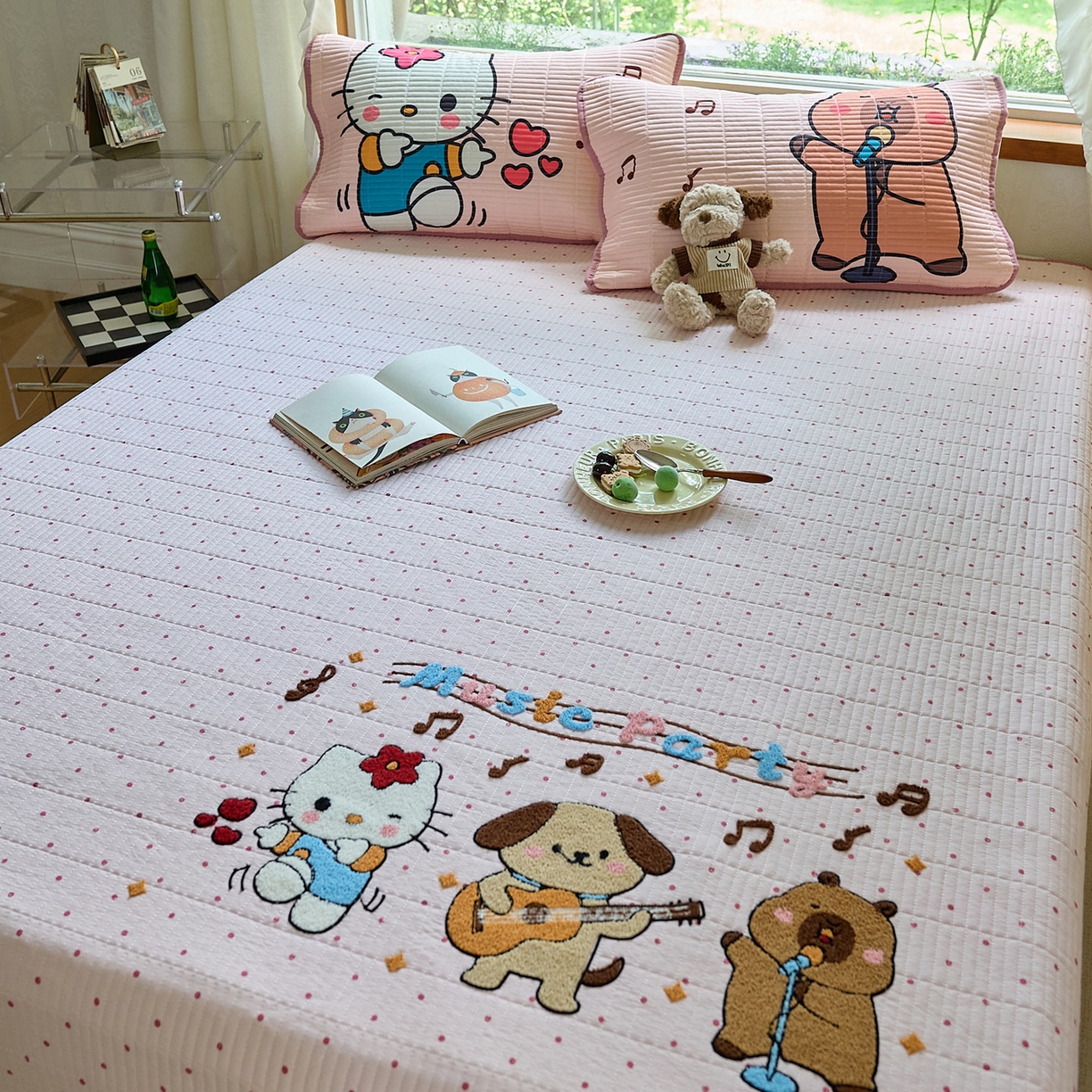 91家纺网 家纺一手货源 找家纺 鑫喜莱家纺 2025新款毛巾绣云朵棉床盖三件套 音乐派对