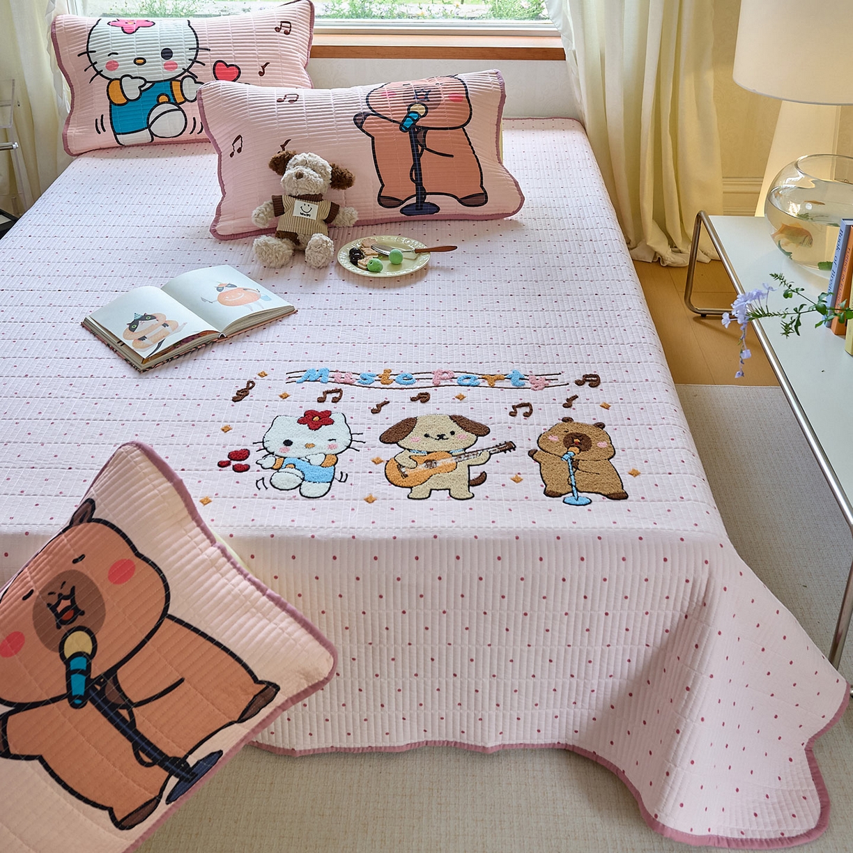 91家纺网 家纺一手货源 找家纺 鑫喜莱家纺 2025新款毛巾绣云朵棉床盖三件套 音乐派对