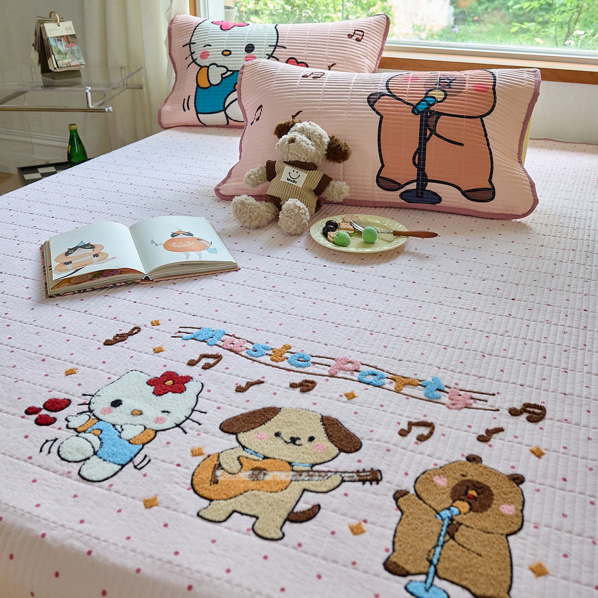 91家纺网 家纺一手货源 找家纺 鑫喜莱家纺 2025新款毛巾绣云朵棉床盖三件套 音乐派对