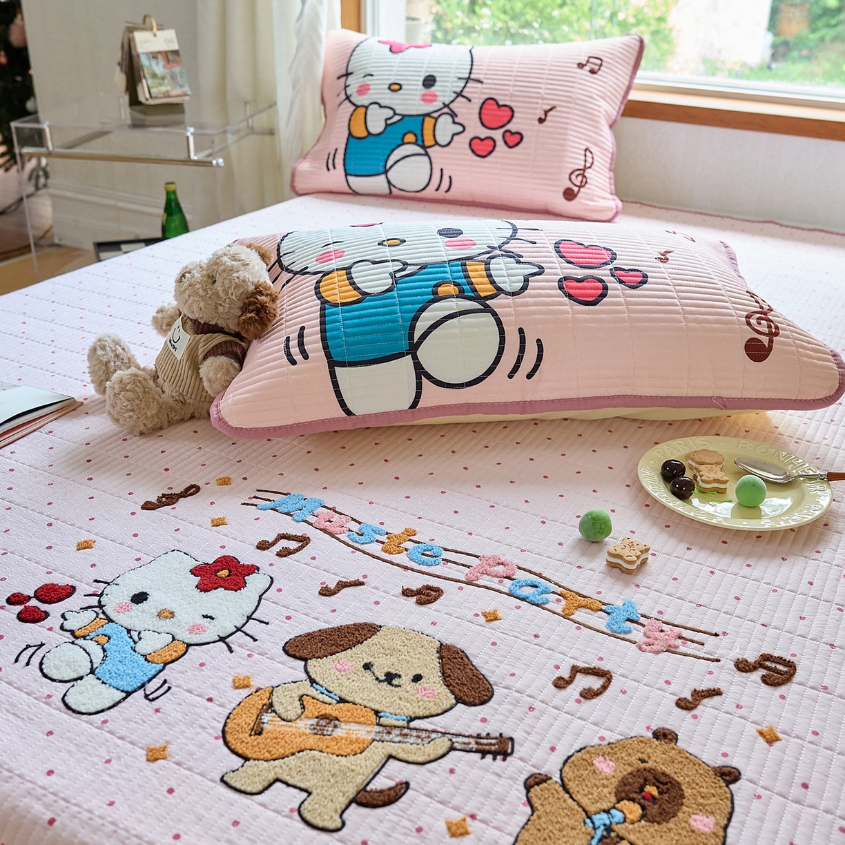 91家纺网 家纺一手货源 找家纺 鑫喜莱家纺 2025新款毛巾绣云朵棉床盖三件套 音乐派对