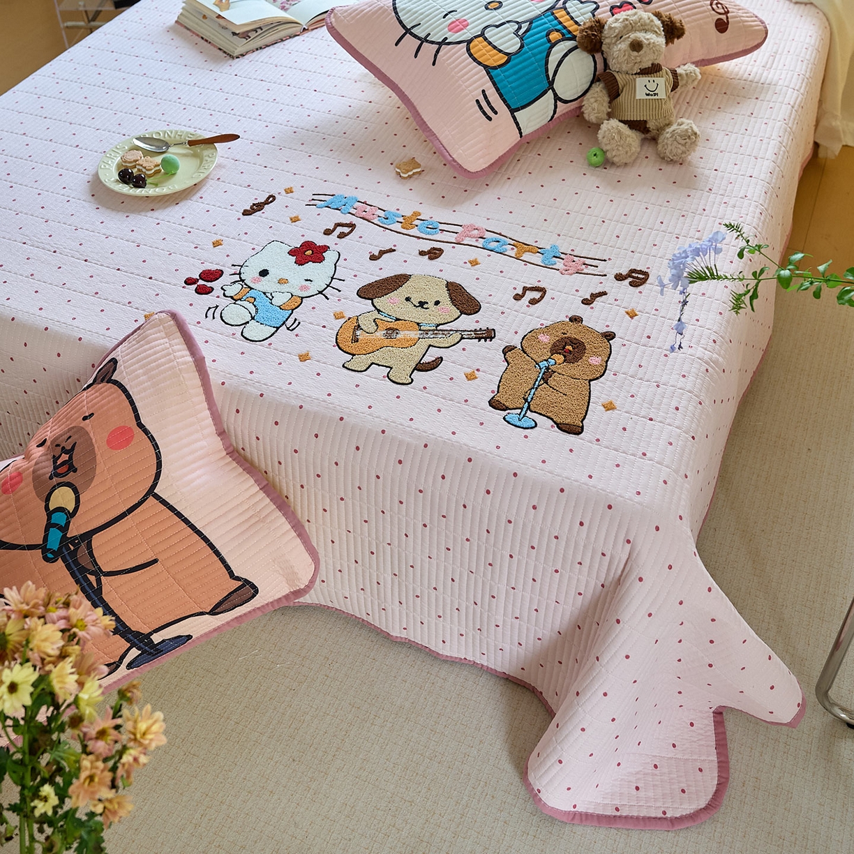 91家纺网 家纺一手货源 找家纺 鑫喜莱家纺 2025新款毛巾绣云朵棉床盖三件套 音乐派对