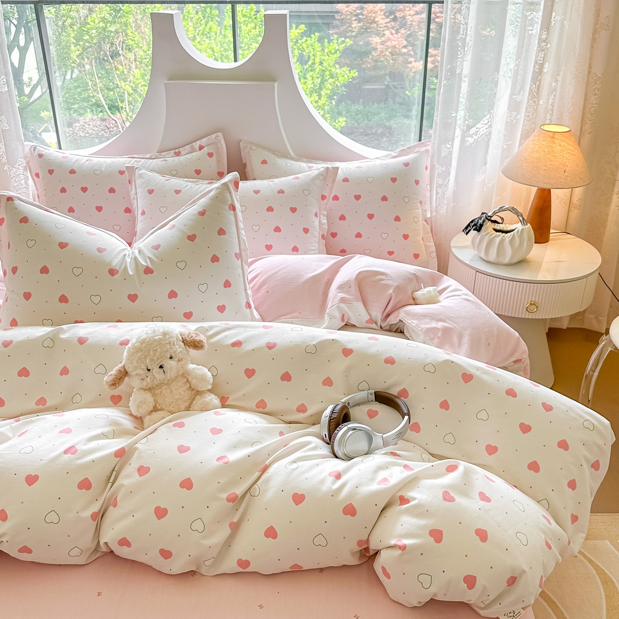 91家纺网 家纺一手货源 找家纺 芙绣家纺 2025新款A类全棉小清新印花单被套单枕套学生单品系列 爱心粉