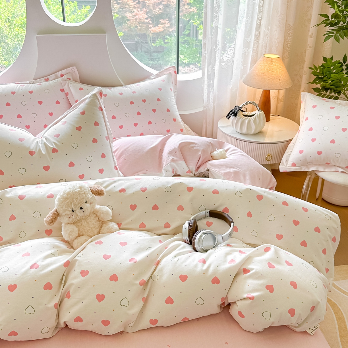 91家纺网 家纺一手货源 找家纺 芙绣家纺 2025新款A类全棉小清新印花单被套单枕套学生单品系列 爱心粉