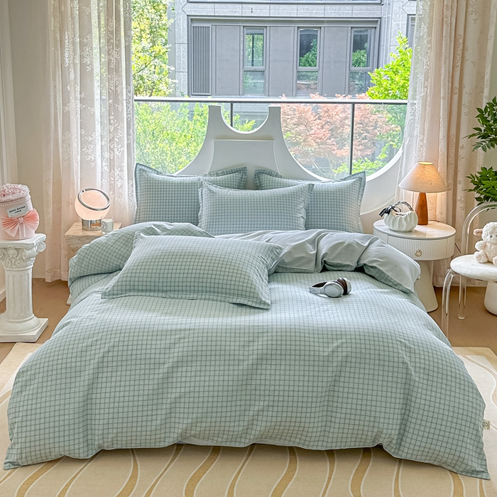91家纺网 家纺一手货源 找家纺 芙绣家纺 2025新款A类全棉小清新印花单被套单枕套学生单品系列 格子蓝