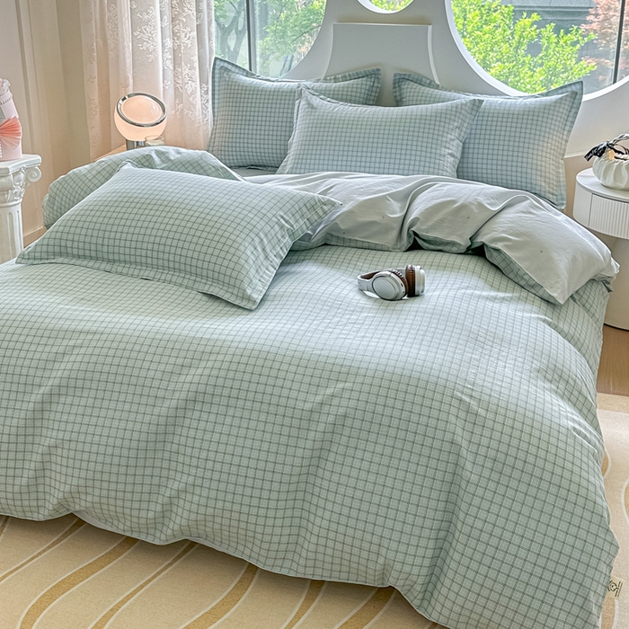 91家纺网 家纺一手货源 找家纺 芙绣家纺 2025新款A类全棉小清新印花单被套单枕套学生单品系列 格子蓝