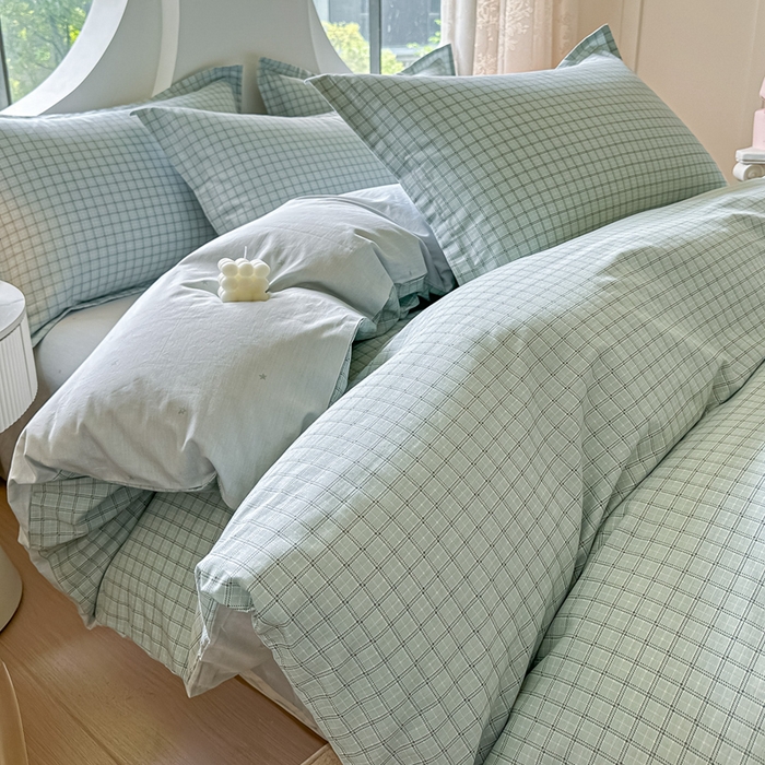 91家纺网 家纺一手货源 找家纺 芙绣家纺 2025新款A类全棉小清新印花单被套单枕套学生单品系列 格子蓝