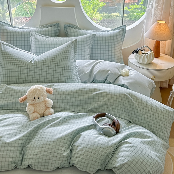 91家纺网 家纺一手货源 找家纺 芙绣家纺 2025新款A类全棉小清新印花单被套单枕套学生单品系列 格子蓝