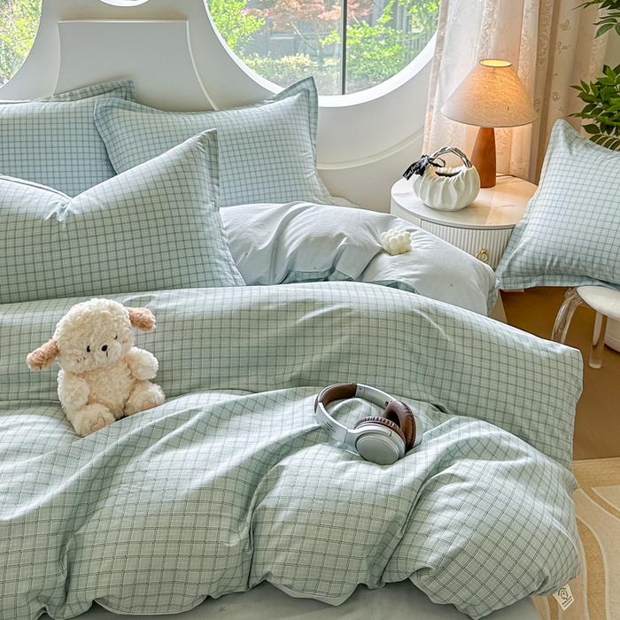 91家纺网 家纺一手货源 找家纺 芙绣家纺 2025新款A类全棉小清新印花单被套单枕套学生单品系列 格子蓝