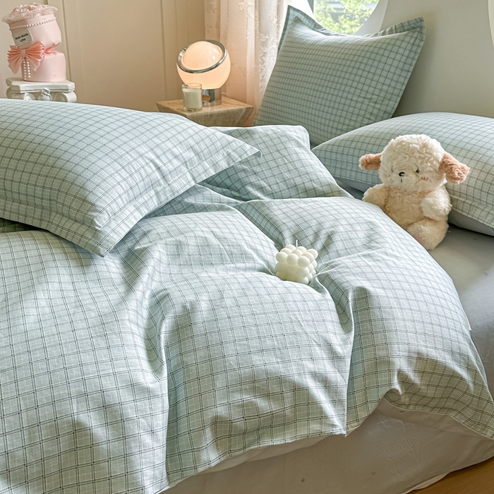 91家纺网 家纺一手货源 找家纺 芙绣家纺 2025新款A类全棉小清新印花单被套单枕套学生单品系列 格子蓝