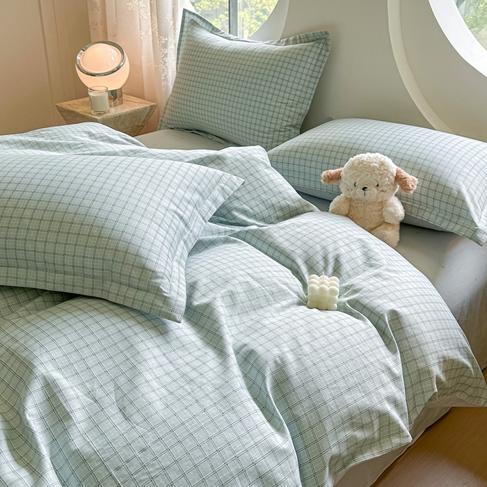 91家纺网 家纺一手货源 找家纺 芙绣家纺 2025新款A类全棉小清新印花单被套单枕套学生单品系列 格子蓝