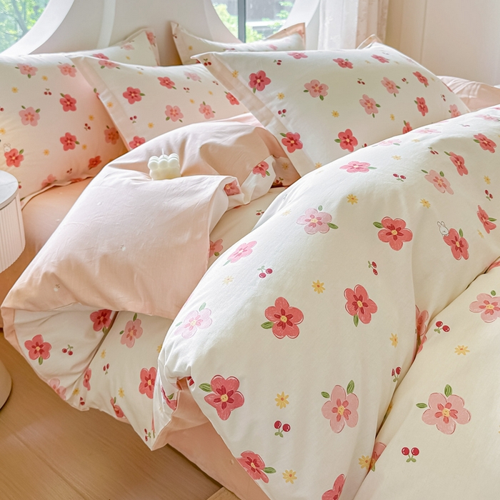91家纺网 家纺一手货源 找家纺 芙绣家纺 2025新款A类全棉小清新印花单被套单枕套学生单品系列 桃之夭夭