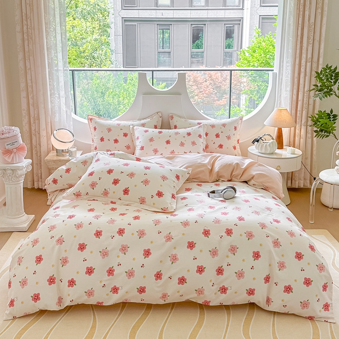 91家纺网 家纺一手货源 找家纺 芙绣家纺 2025新款A类全棉小清新印花单被套单枕套学生单品系列 桃之夭夭