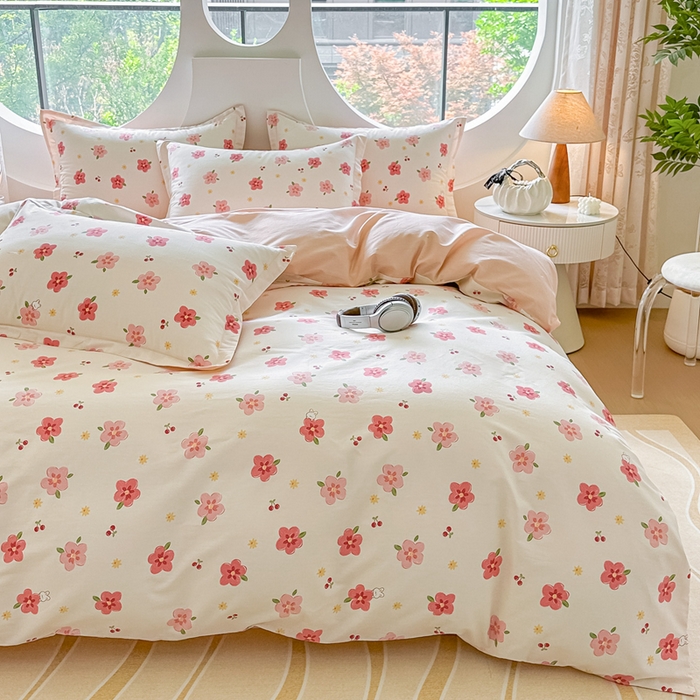 91家纺网 家纺一手货源 找家纺 芙绣家纺 2025新款A类全棉小清新印花单被套单枕套学生单品系列 桃之夭夭