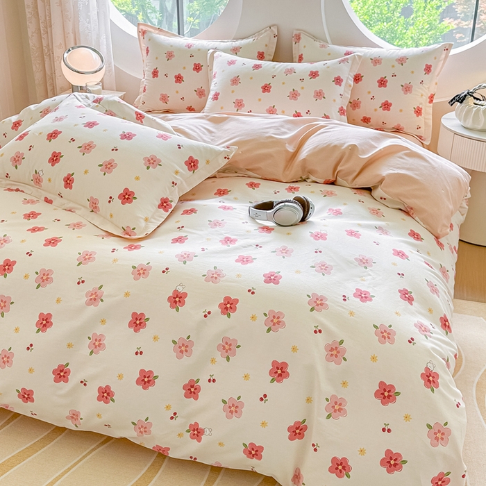 91家纺网 家纺一手货源 找家纺 芙绣家纺 2025新款A类全棉小清新印花单被套单枕套学生单品系列 桃之夭夭