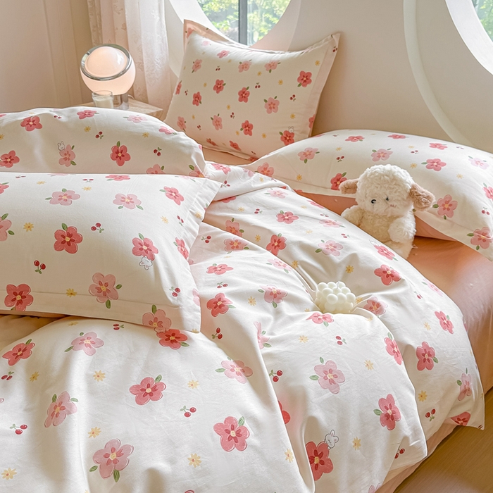 91家纺网 家纺一手货源 找家纺 芙绣家纺 2025新款A类全棉小清新印花单被套单枕套学生单品系列 桃之夭夭