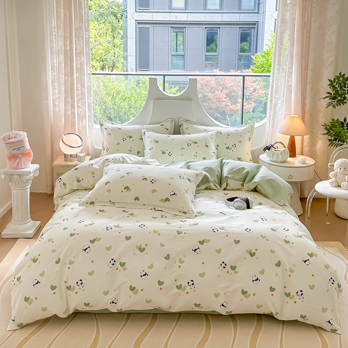 91家纺网 家纺一手货源 找家纺 芙绣家纺 2025新款A类全棉小清新印花单被套单枕套学生单品系列 熊猫盼盼