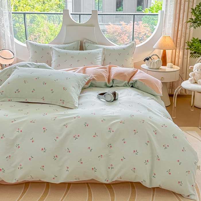 91家纺网 家纺一手货源 找家纺 芙绣家纺 2025新款A类全棉小清新印花单被套单枕套学生单品系列 樱桃可可