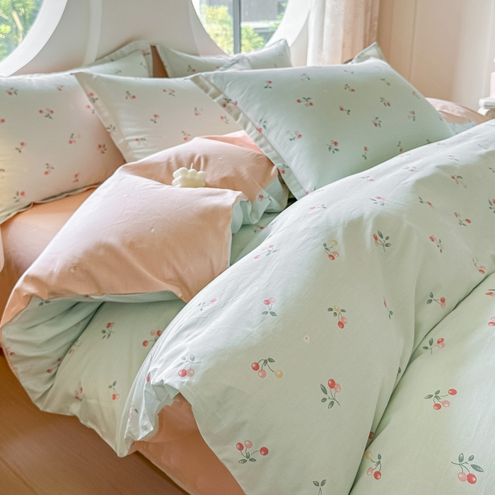 91家纺网 家纺一手货源 找家纺 芙绣家纺 2025新款A类全棉小清新印花单被套单枕套学生单品系列 樱桃可可