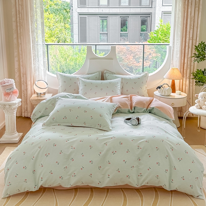 91家纺网 家纺一手货源 找家纺 芙绣家纺 2025新款A类全棉小清新印花单被套单枕套学生单品系列 樱桃可可