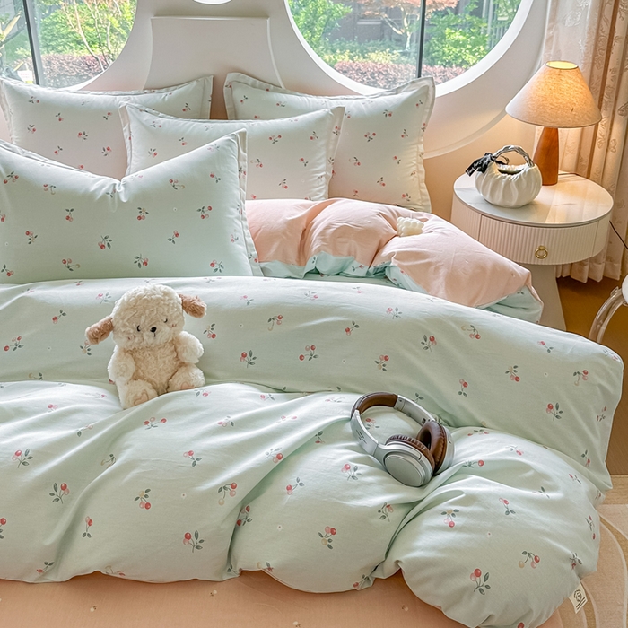 91家纺网 家纺一手货源 找家纺 芙绣家纺 2025新款A类全棉小清新印花单被套单枕套学生单品系列 樱桃可可