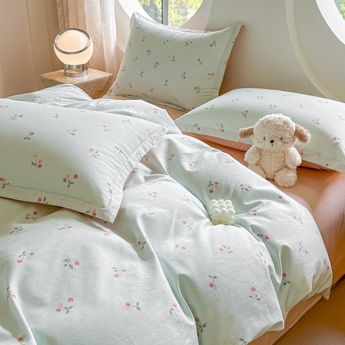 91家纺网 家纺一手货源 找家纺 芙绣家纺 2025新款A类全棉小清新印花单被套单枕套学生单品系列 樱桃可可
