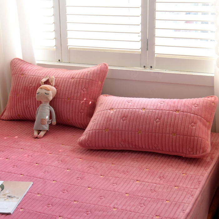 91家纺网 家纺一手货源 找家纺 水妙家纺 2024秋冬保暖200克A类牛奶绒刺绣加厚夹棉床笠三件套纯色素色床罩大床款床垫保护罩 五星之家-豆沙粉