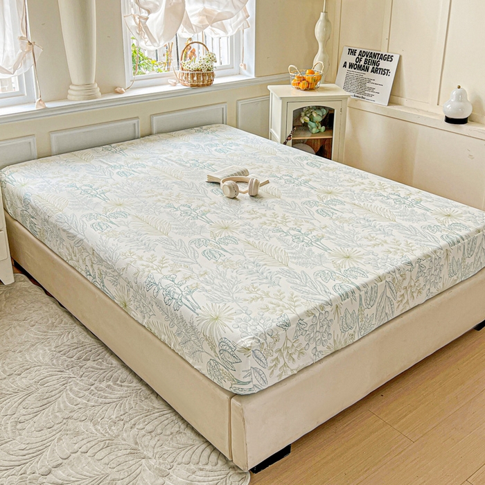 91家纺网 家纺一手货源 找家纺 朵朵家纺 2025新款超柔水洗棉云感印花单床笠床垫保护套床笠（床垫保护套可定制尺寸 ）-场景三 春晓