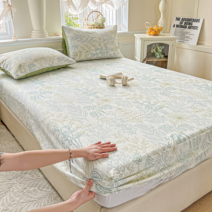 91家纺网 家纺一手货源 找家纺 朵朵家纺 2025新款超柔水洗棉云感印花单床笠床垫保护套床笠（床垫保护套可定制尺寸 ）-场景三 春晓