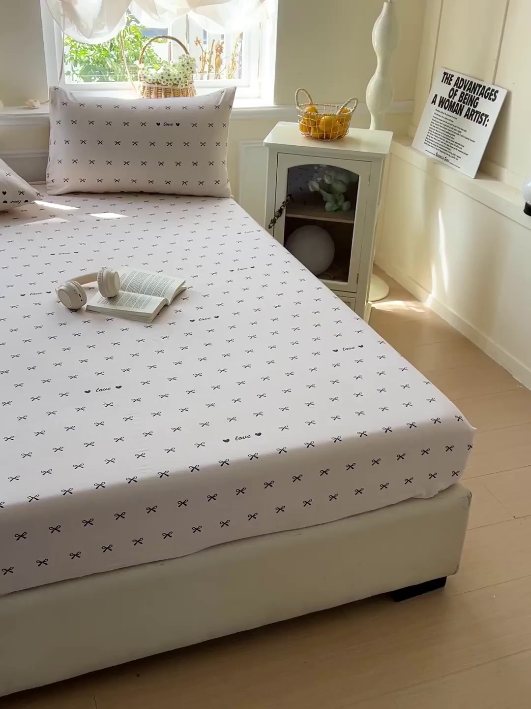 91家纺网 家纺一手货源 找家纺 朵朵家纺 2025新款超柔水洗棉云感印花单床笠床垫保护套床笠（床垫保护套可定制尺寸 ）-场景三 蝴蝶结