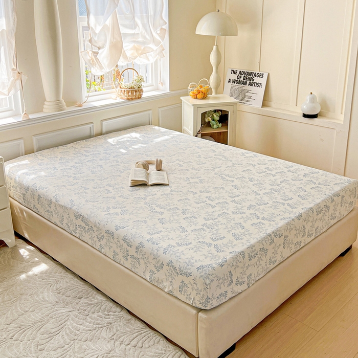 91家纺网 家纺一手货源 找家纺 朵朵家纺 2025新款超柔水洗棉云感印花单床笠床垫保护套床笠（床垫保护套可定制尺寸 ）-场景三 蓝颜