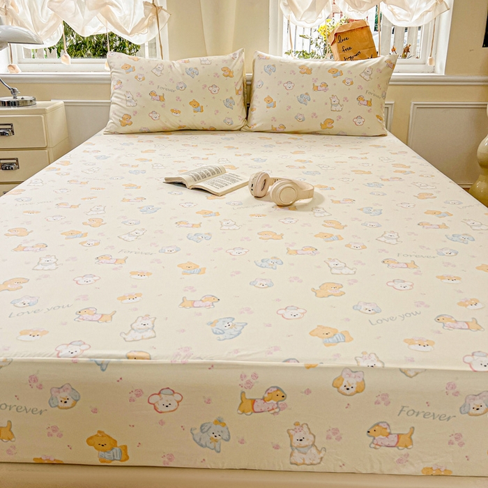 91家纺网 家纺一手货源 找家纺 朵朵家纺 2025新款超柔水洗棉云感印花单床笠床垫保护套床笠（床垫保护套可定制尺寸 ）-场景三 萌宠