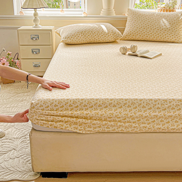 91家纺网 家纺一手货源 找家纺 朵朵家纺 2025新款超柔水洗棉云感印花单床笠床垫保护套床笠（床垫保护套可定制尺寸 ）-场景三 浅香