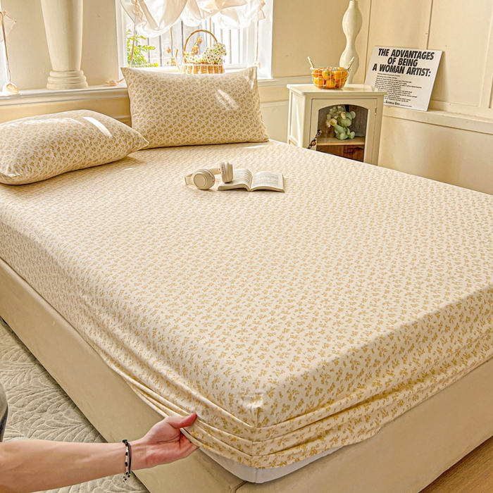 91家纺网 家纺一手货源 找家纺 朵朵家纺 2025新款超柔水洗棉云感印花单床笠床垫保护套床笠（床垫保护套可定制尺寸 ）-场景三 浅香