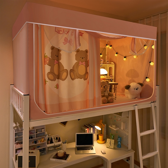 91家纺网 家纺一手货源 找家纺 水妙家纺 2025年新款强遮光学生上下铺床帘蚊账 草莓熊乐乐