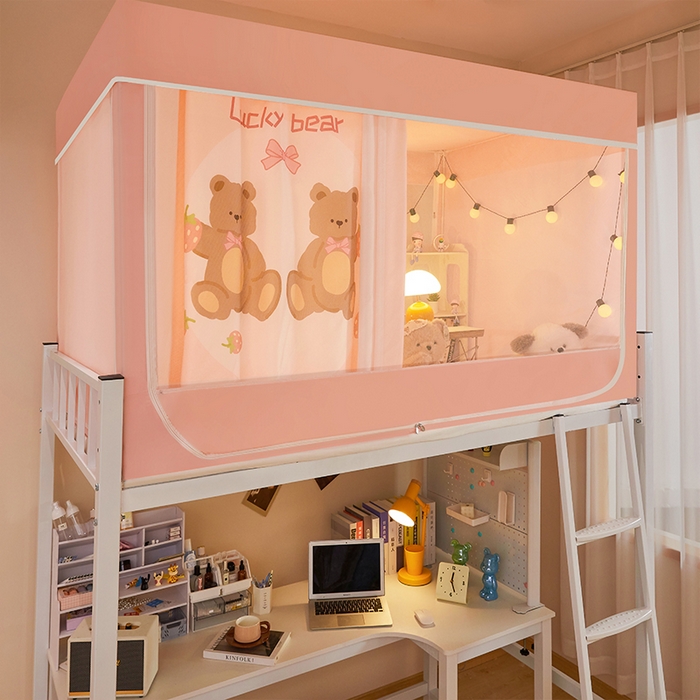 91家纺网 家纺一手货源 找家纺 水妙家纺 2025年新款强遮光学生上下铺床帘蚊账 草莓熊乐乐