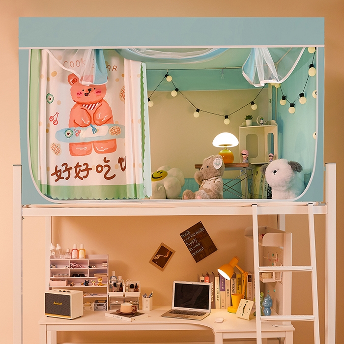 91家纺网 家纺一手货源 找家纺 水妙家纺 2025年新款强遮光学生上下铺床帘蚊账 干饭熊宝