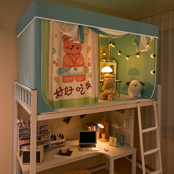 91家纺网 家纺一手货源 找家纺 水妙家纺 2025年新款强遮光学生上下铺床帘蚊账 干饭熊宝