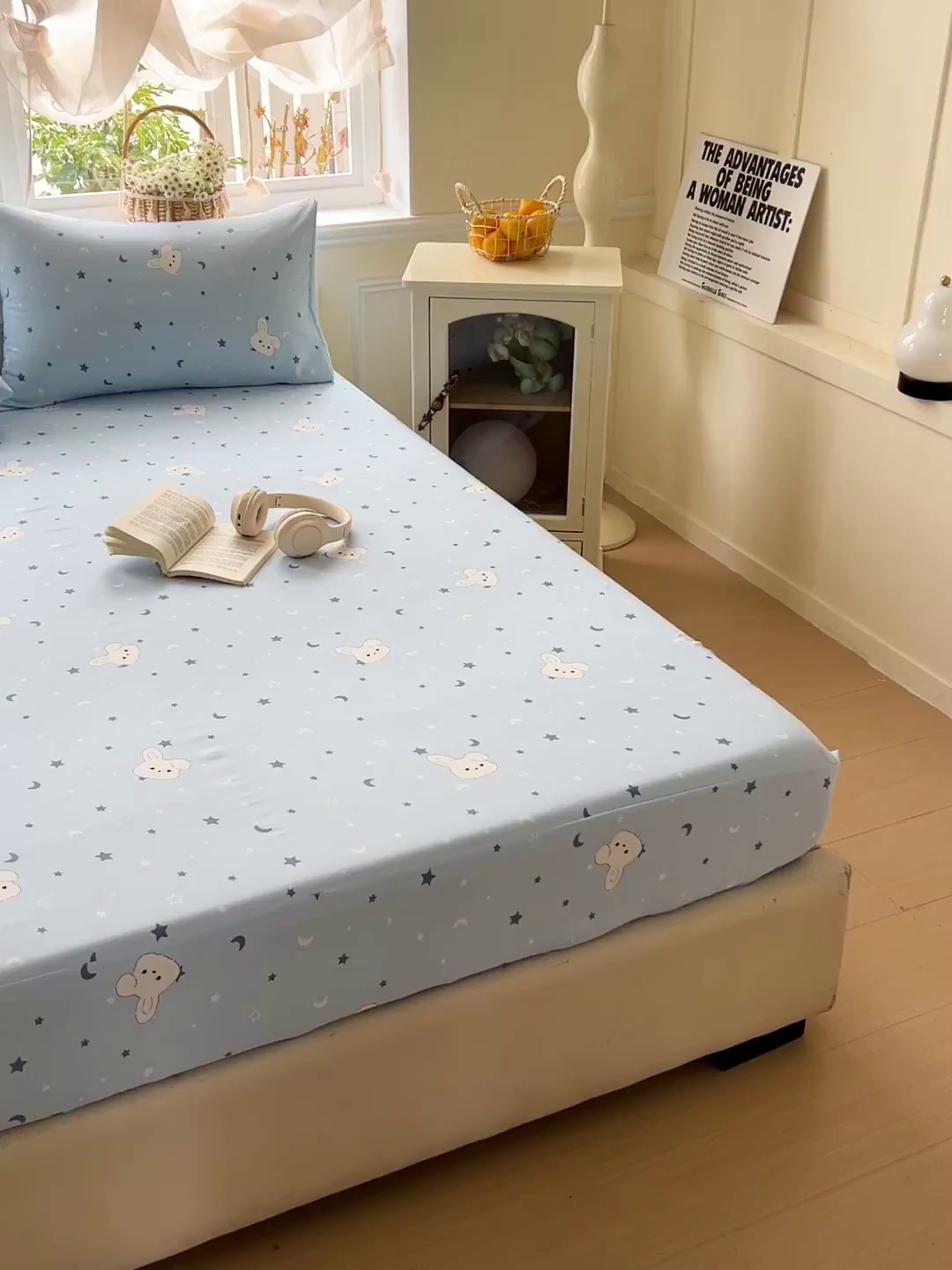 91家纺网 家纺一手货源 找家纺 朵朵家纺 2025新款超柔水洗棉云感印花单床笠床垫保护套床笠（床垫保护套可定制尺寸 ）-场景三 星空兔