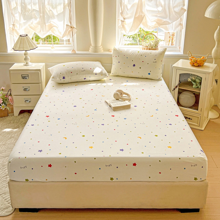 91家纺网 家纺一手货源 找家纺 朵朵家纺 2025新款超柔水洗棉云感印花单床笠床垫保护套床笠（床垫保护套可定制尺寸 ）-场景三 星月