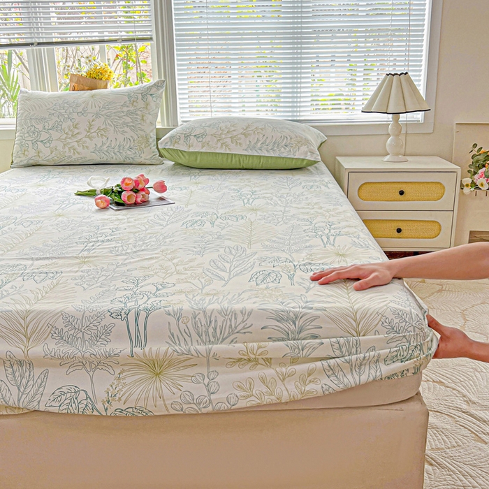 91家纺网 家纺一手货源 找家纺 朵朵家纺 2025新款超柔水洗棉云感印花单床笠床垫保护套床笠（床垫保护套可定制尺寸 ）-场景二 春晓