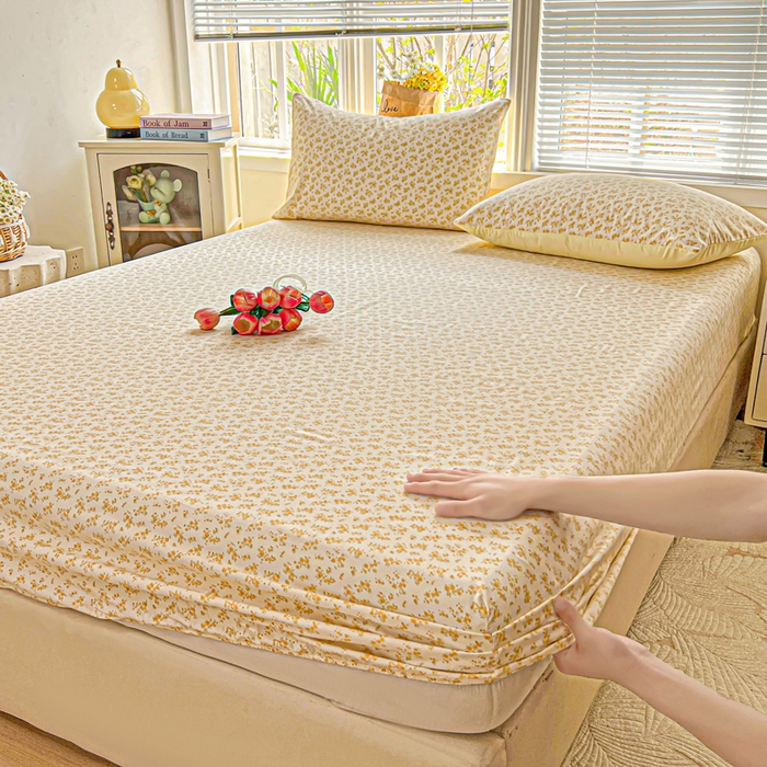 91家纺网 家纺一手货源 找家纺 朵朵家纺 2025新款超柔水洗棉云感印花单床笠床垫保护套床笠（床垫保护套可定制尺寸 ）-场景二 浅香
