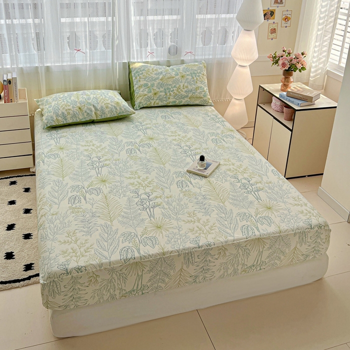 91家纺网 家纺一手货源 找家纺 朵朵家纺 2025新款超柔水洗棉云感印花单床笠床垫保护套床笠（床垫保护套可定制尺寸 ）-场景一 春晓