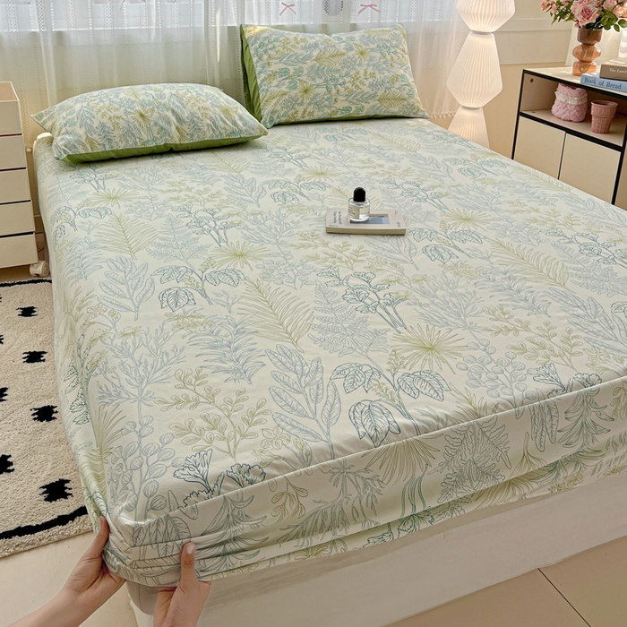 91家纺网 家纺一手货源 找家纺 朵朵家纺 2025新款超柔水洗棉云感印花单床笠床垫保护套床笠（床垫保护套可定制尺寸 ）-场景一 春晓