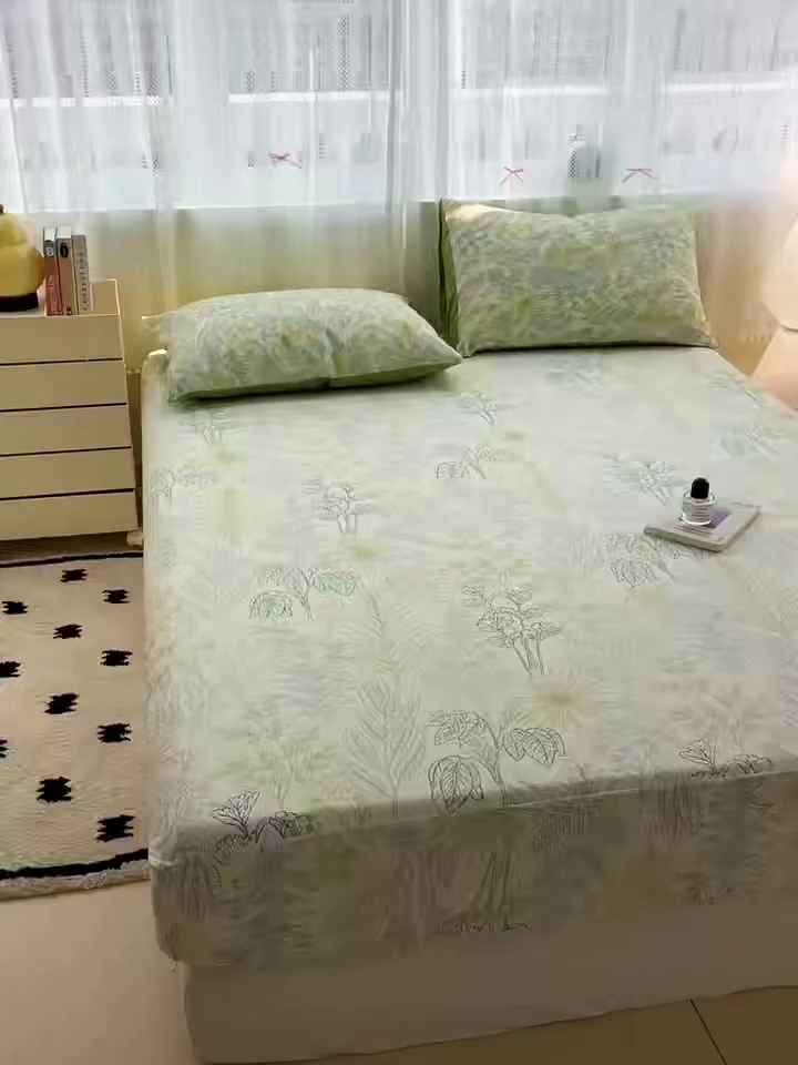 91家纺网 家纺一手货源 找家纺 朵朵家纺 2025新款超柔水洗棉云感印花单床笠床垫保护套床笠（床垫保护套可定制尺寸 ）-场景一 春晓
