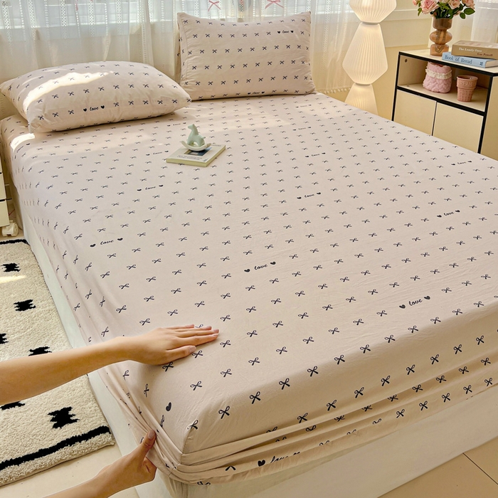 91家纺网 家纺一手货源 找家纺 朵朵家纺 2025新款超柔水洗棉云感印花单床笠床垫保护套床笠（床垫保护套可定制尺寸 ）-场景一 蝴蝶结